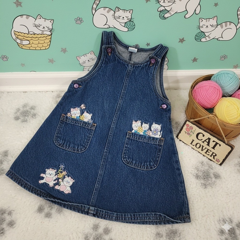 Kids Denim‎ Pinafore Dress Cat Applique Pockets Purple Buttons 3X